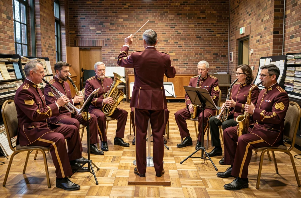Ensemble de musiciens en uniforme répétant de la musique militaire dans une salle de répétition avec parquet et briques apparentes