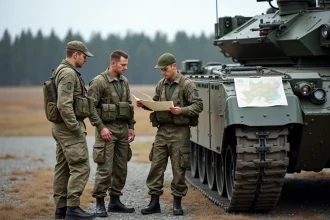Trois soldats en camouflage discutent près d’un char Leopard 2A