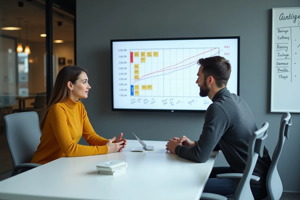 Équipe de collègues collaborant pour automatiser le calcul d'intervalles de temps entre deux dates sur un tableau de bord de gestion de projet