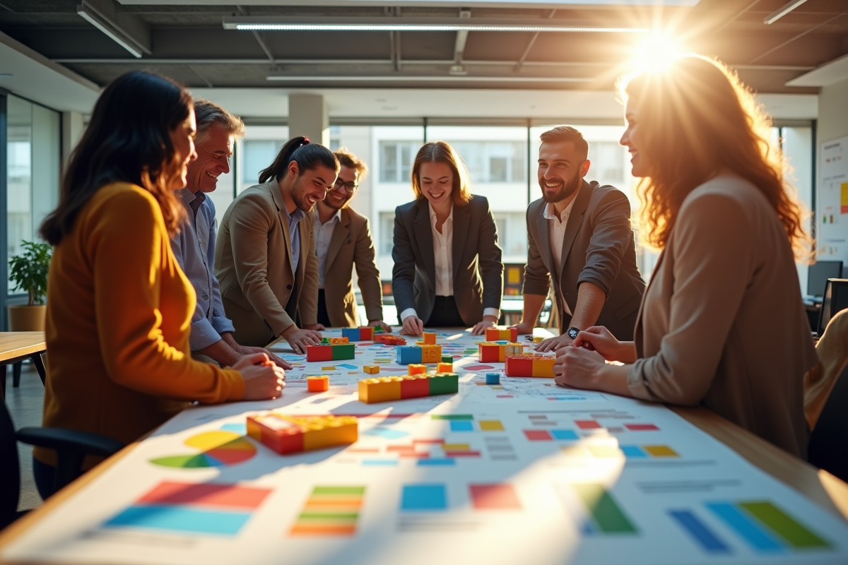Groupe diversifié collaborant autour de cartes d idées