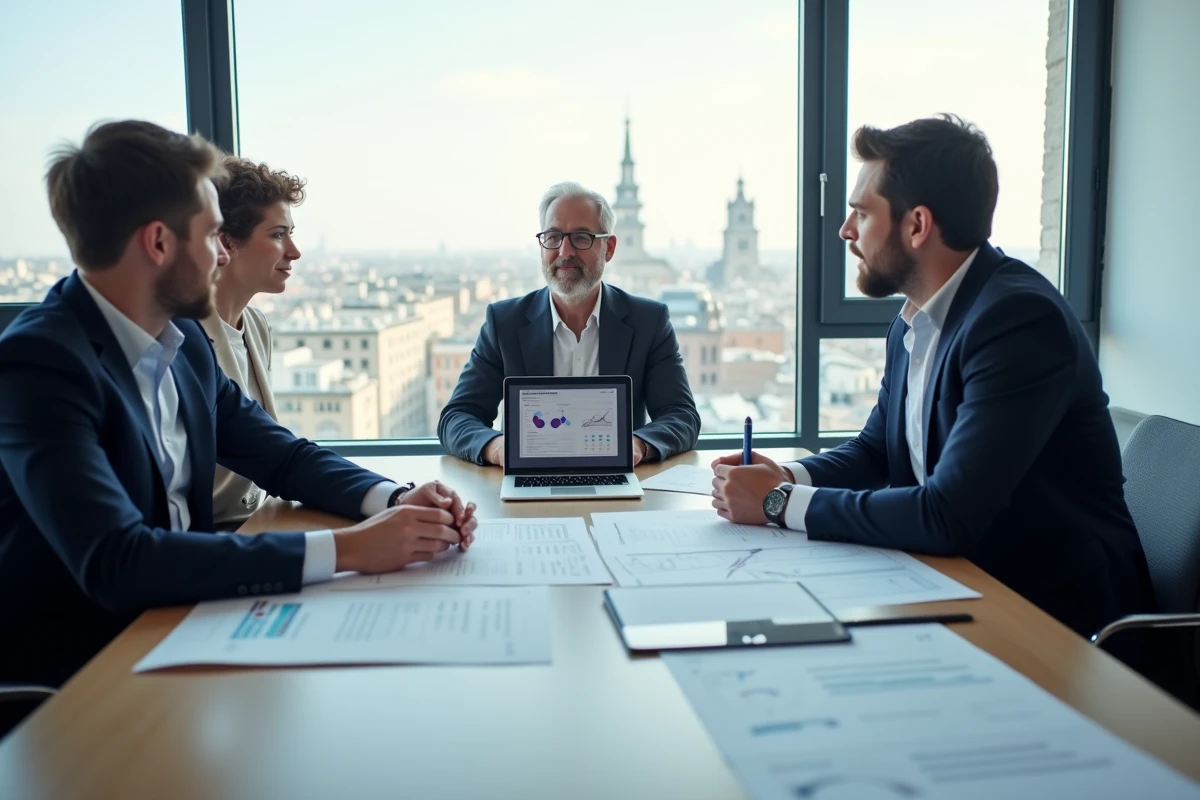 Équipe professionnelle discutant des obligations légales françaises autour d'une table de réunion