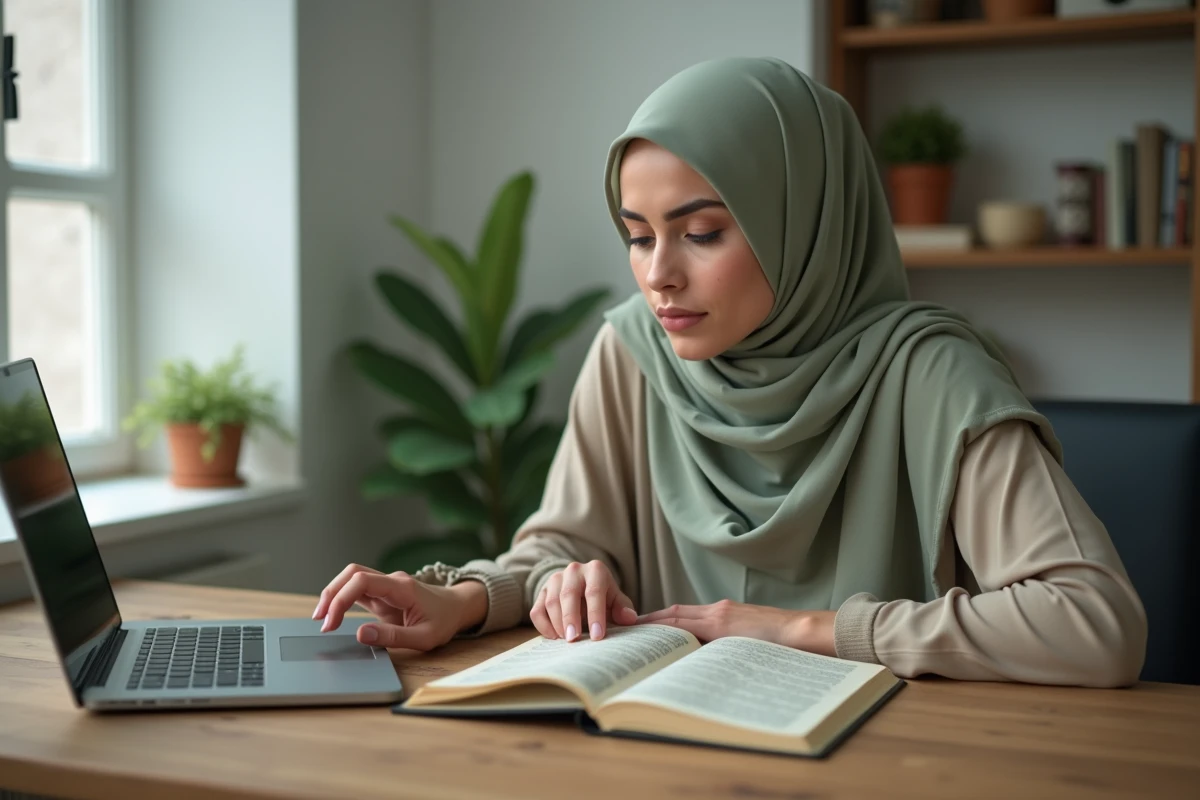 Femme musulmane étudiant la sourate Al Kahf en arabe et en français sur un bureau avec un Coran et un ordinateur portable