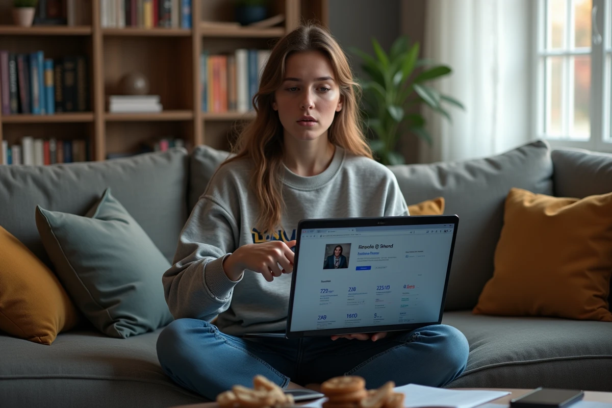Jeune femme étudiante découvrant avec surprise ses statistiques de temps passé sur League of Legends