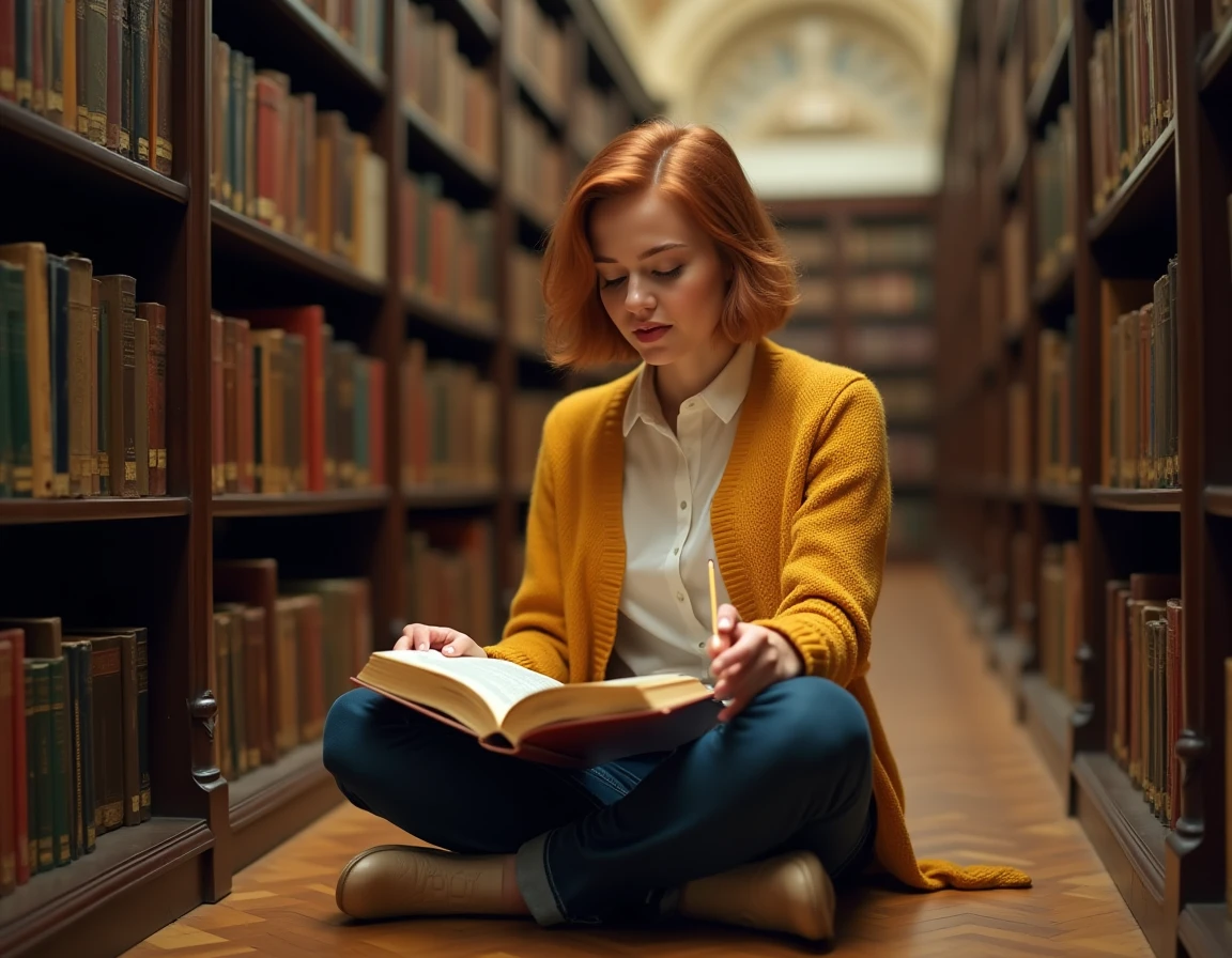 Jeune étudiante lisant un recueil de poésie française sur le sol d'une bibliothèque parisienne avec des annotations de rimes