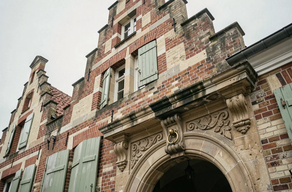 Façade flamande à pignon en escalier sur la rue d'Angleterre à Lille avec détails architecturaux en brique et pierre sculptée