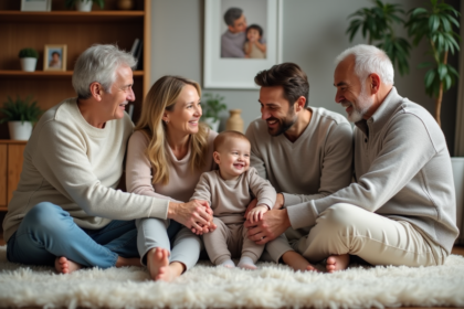 Famille multigenerational souriante dans un salon chaleureux