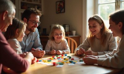 Famille jouant au jeu de cartes nain jaune à la maison
