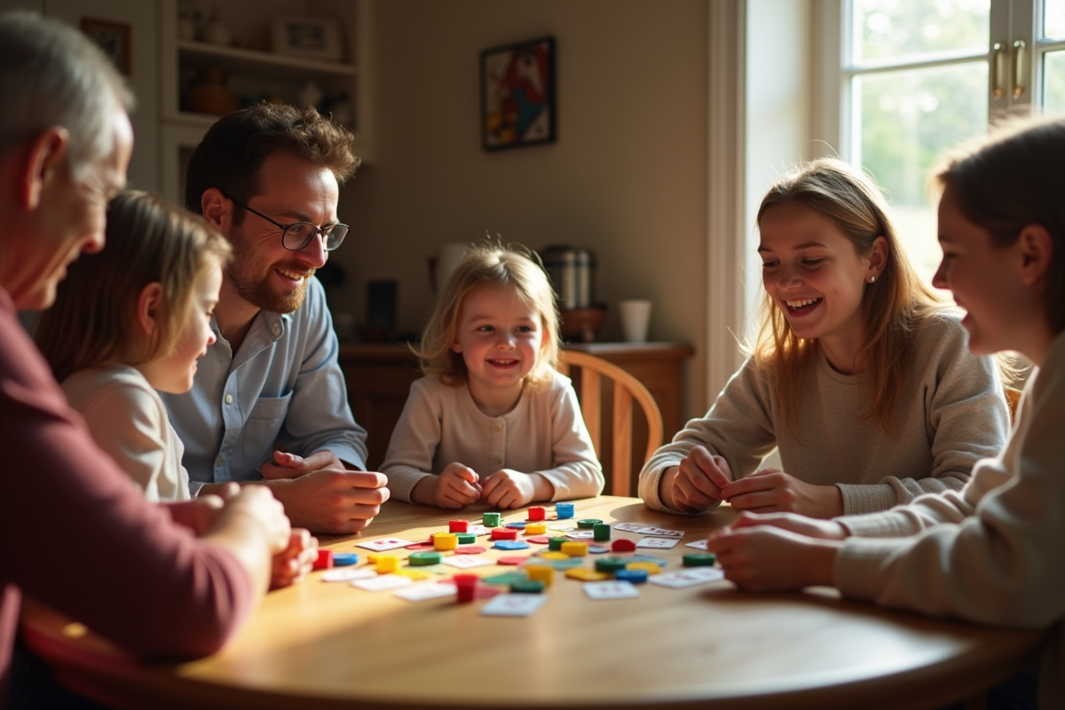 Famille jouant au jeu de cartes nain jaune à la maison