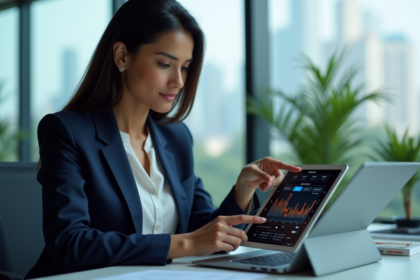 Femme d affaires sud-asiatique pointant un tableau blockchain