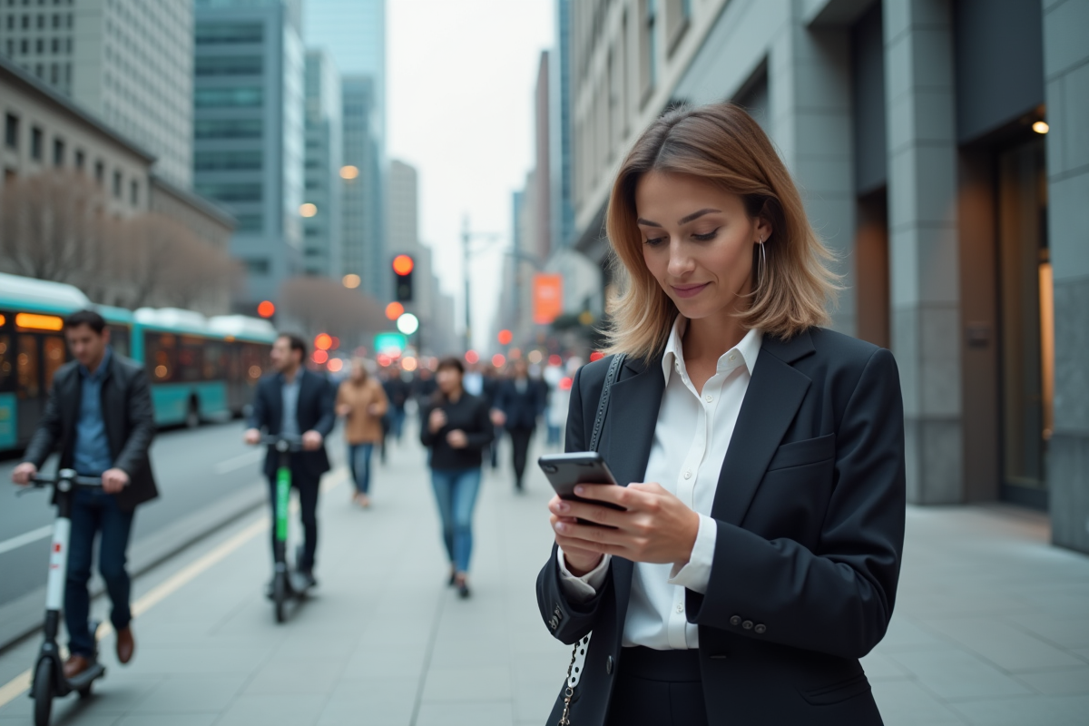 Femme d affaires dans la ville moderne utilisant une application