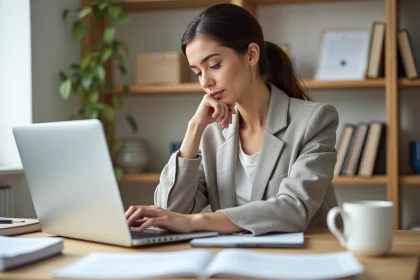 Femme utilisant un outil d'écriture en ligne pour améliorer son style rédactionnel sur ordinateur portable