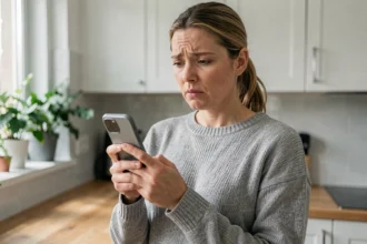 Femme tenant un smartphone affichant un appel entrant non identifié, illustrant la confusion face aux appels Amazon sans message vocal