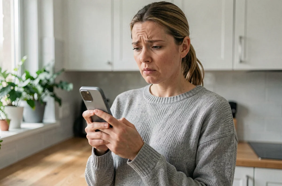 Femme tenant un smartphone affichant un appel entrant non identifié, illustrant la confusion face aux appels Amazon sans message vocal