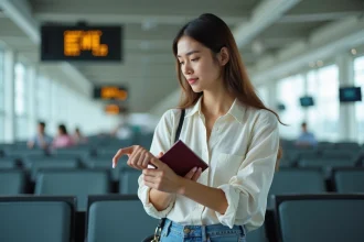 Jeune femme regardant sa montre à l'aéroport