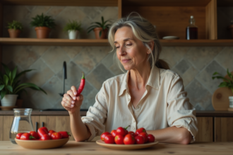 Femme méditerranéenne examine un piment rouge dans une cuisine chaleureuse