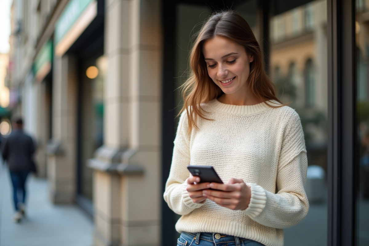 Femme dehors regardant son smartphone avec un sourire