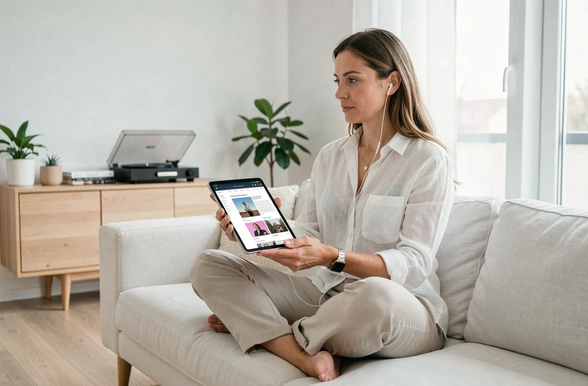 Femme lisant un blog musique électronique sur tablette dans un appartement scandinave minimaliste avec tourne-disque