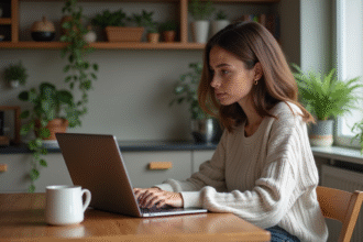 Jeune femme utilisant un ordinateur portable dans une cuisine chaleureuse