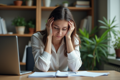 Femme d age moyen au bureau en pleine réflexion