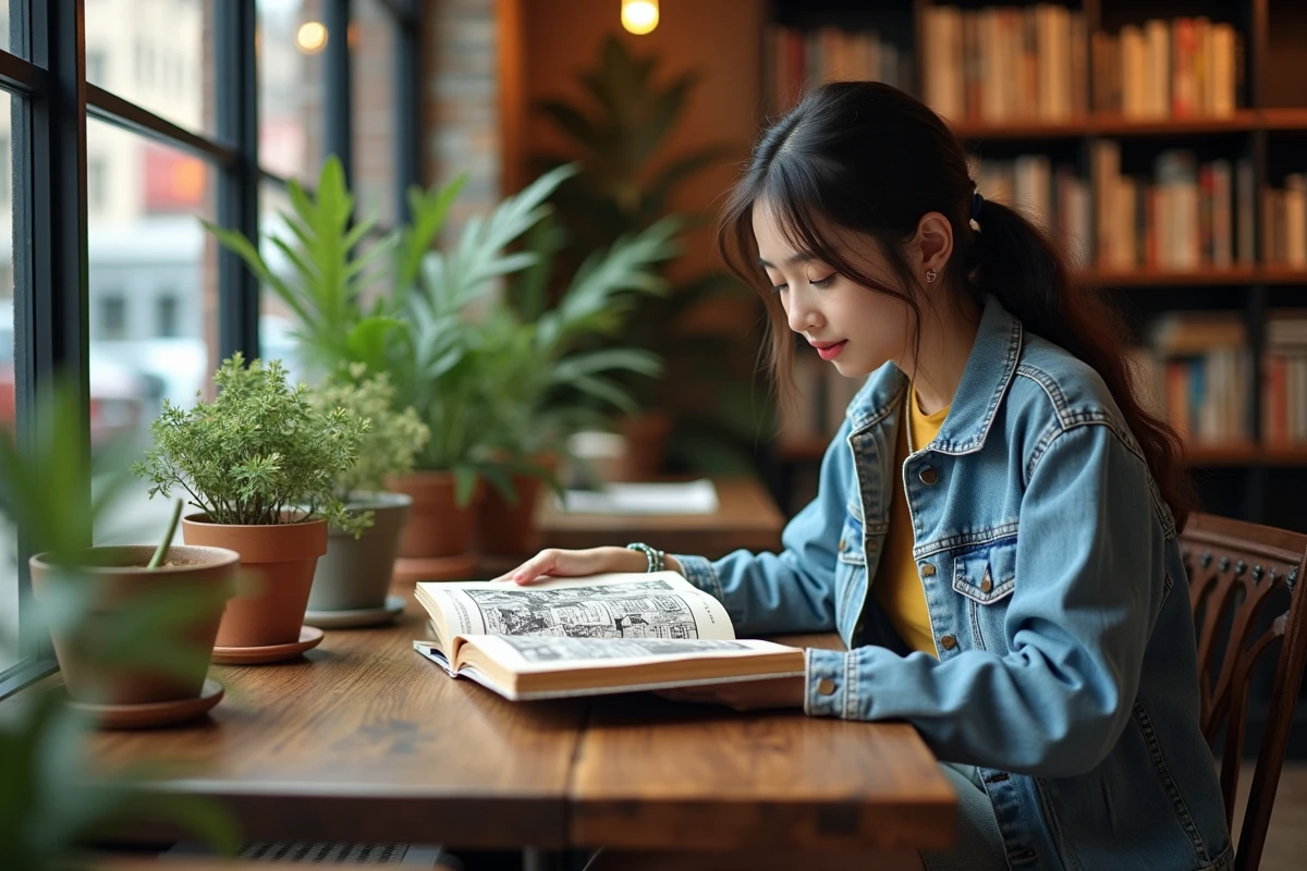 Femme lisant manga dans un café rustique et lumineux