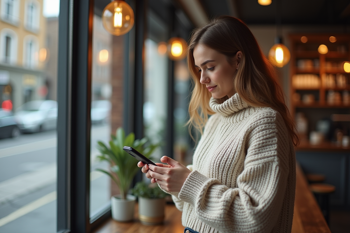 Femme au café utilisant son smartphone avec VPN