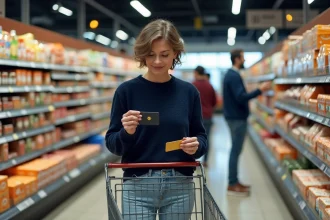 Femme tenant une carte de fidélité Intermarché dans un rayon de supermarché lors de ses courses hebdomadaires