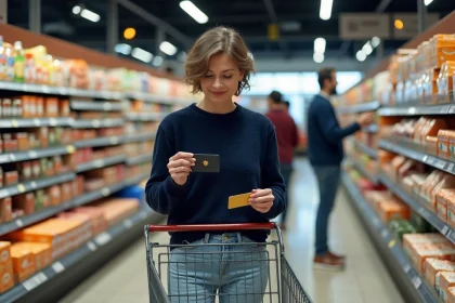 Femme tenant une carte de fidélité Intermarché dans un rayon de supermarché lors de ses courses hebdomadaires