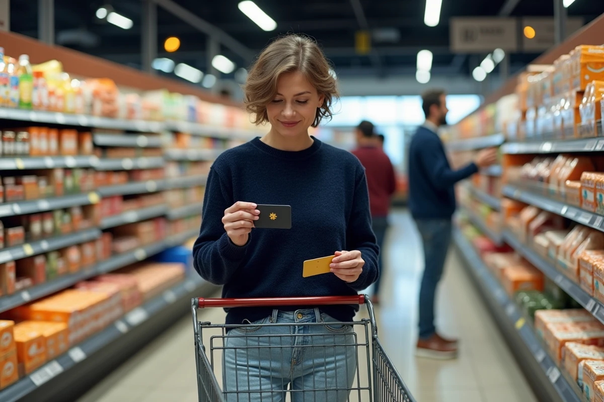 Femme tenant une carte de fidélité Intermarché dans un rayon de supermarché lors de ses courses hebdomadaires