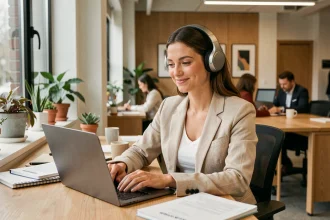 Femme avec casque audio travaillant dans un open space moderne, écoutant un podcast au bureau