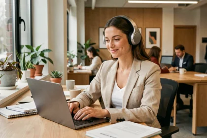 Femme avec casque audio travaillant dans un open space moderne, écoutant un podcast au bureau