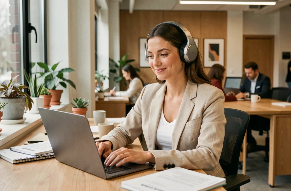 Femme avec casque audio travaillant dans un open space moderne, écoutant un podcast au bureau