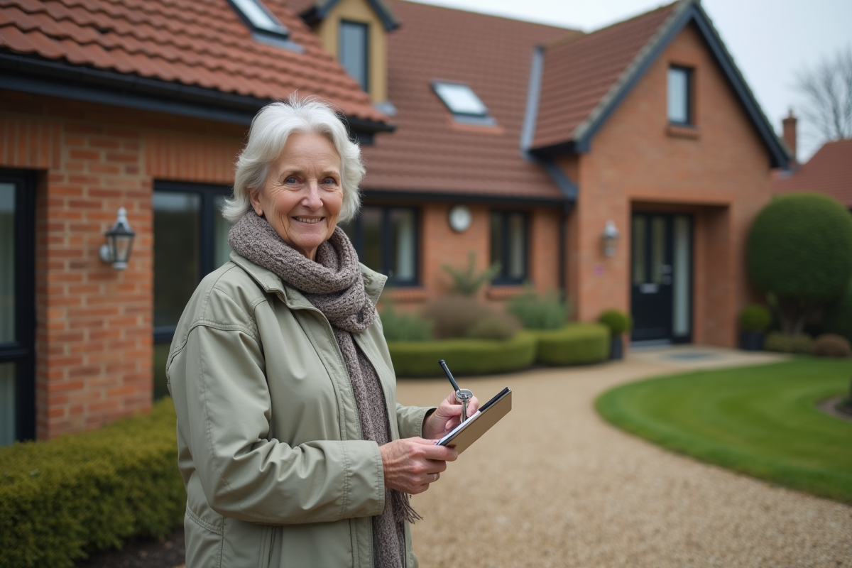 Femme tenant des clés devant une maison de campagne