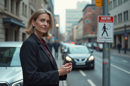 Femme d affaires lisant un panneau de reglementation urbaine
