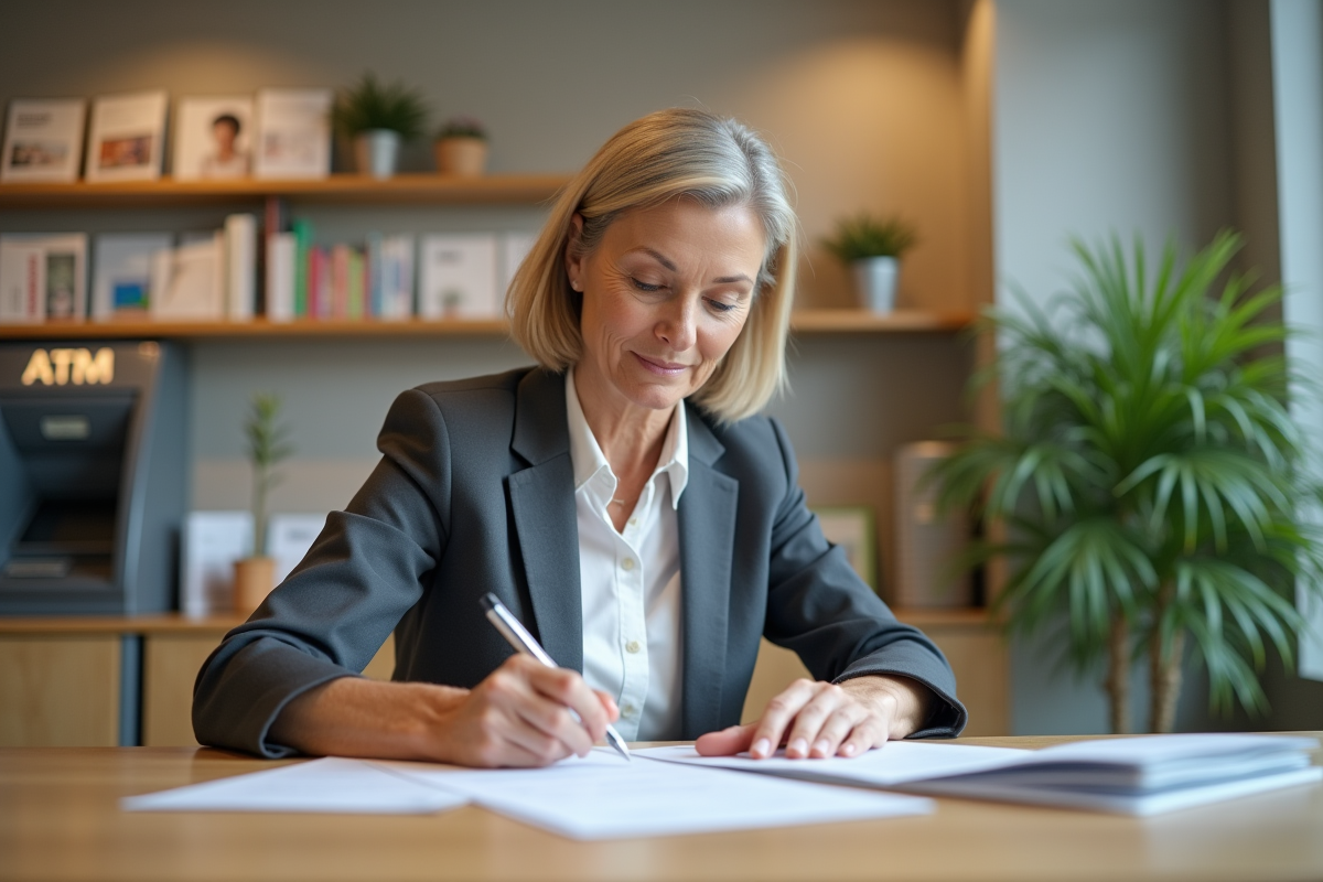 Femme d'âge moyen remplissant documents financiers dans une banque
