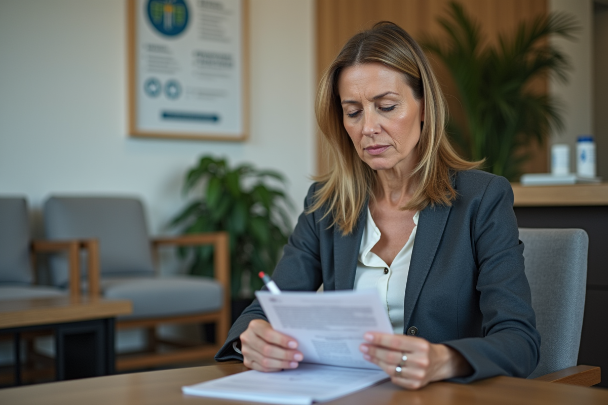 Femme d'âge moyen remplissant un formulaire médical dans une salle d'attente moderne
