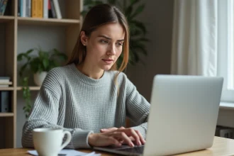 Femme contactant le service client Sosh depuis son bureau à domicile via smartphone et ordinateur portable