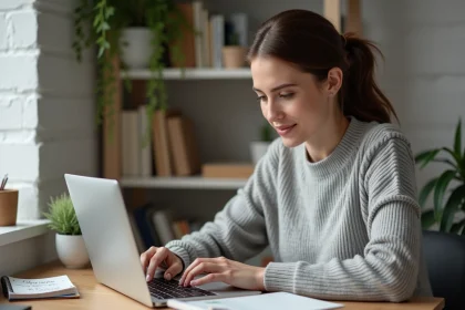 Femme consultant un outil de conversion miles kilomètres en ligne sur un ordinateur portable dans un bureau à domicile