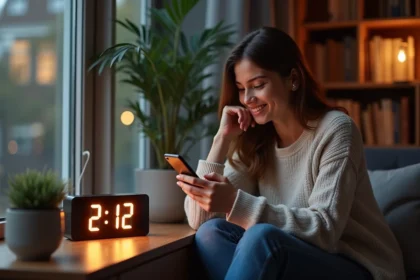 Jeune femme pensant avec smartphone dans un salon cosy