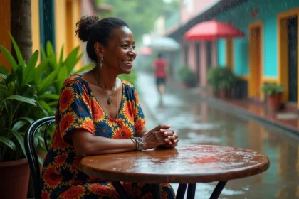 Femme creole souriante dans un café de Cayenne sous la pluie