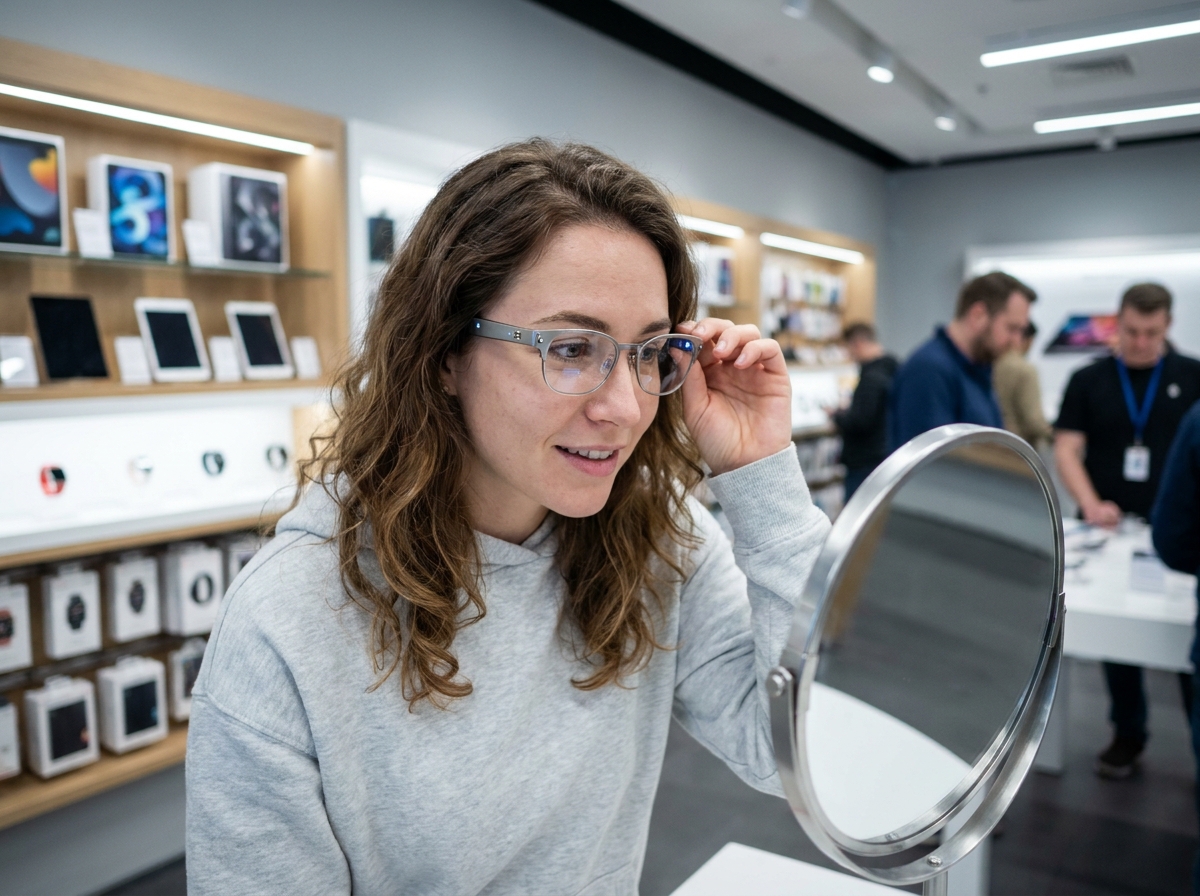 Femme essayant des lunettes connectées argentées dans un magasin de technologie