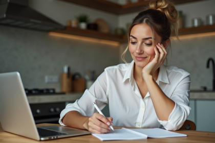 Femme à la maison gère ses finances sur un ordinateur portable