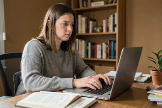 Femme concentrée devant son ordinateur portable avec un livre de grammaire française ouvert à côté, illustrant la confusion orthographique entre je t'envoie et je t'envoi