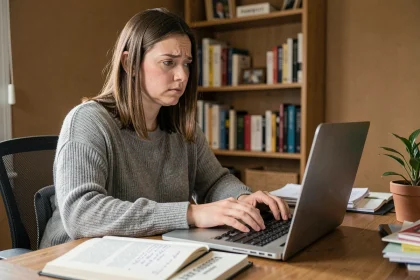Femme concentrée devant son ordinateur portable avec un livre de grammaire française ouvert à côté, illustrant la confusion orthographique entre je t'envoie et je t'envoi