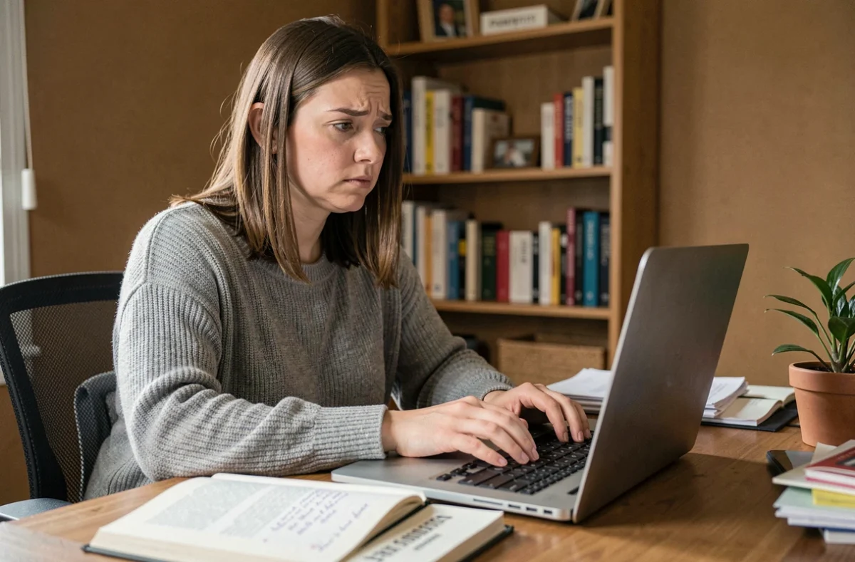 Femme concentrée devant son ordinateur portable avec un livre de grammaire française ouvert à côté, illustrant la confusion orthographique entre je t'envoie et je t'envoi