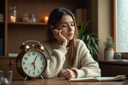 Femme contemplative regardant une horloge affichant 21h21 dans un bureau chaleureux aux tons ambrés, symbolisant la signification de l'heure miroir pour manifester ses désirs