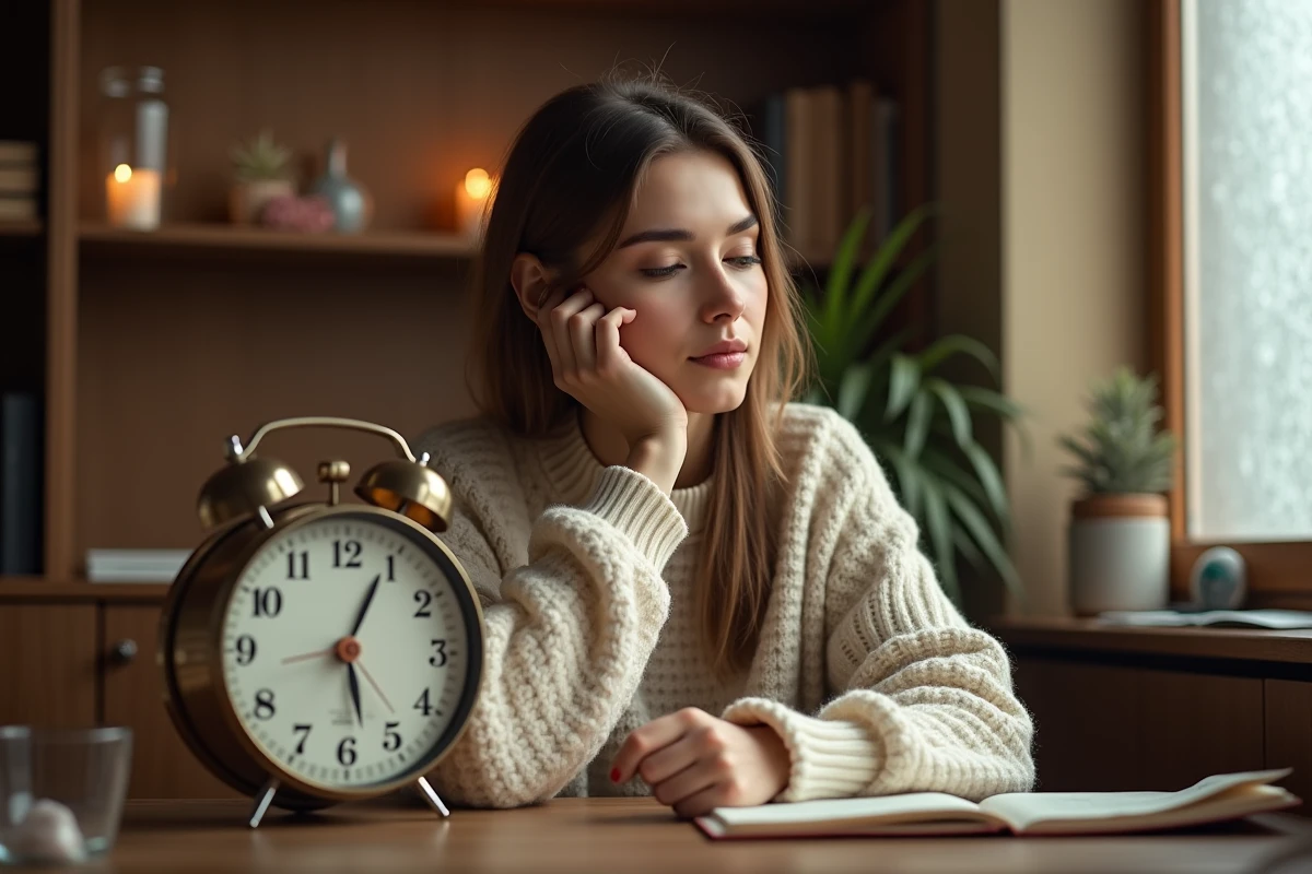 Femme contemplative regardant une horloge affichant 21h21 dans un bureau chaleureux aux tons ambrés, symbolisant la signification de l'heure miroir pour manifester ses désirs