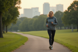 Femme d'âge moyen marche dans un parc vert au matin