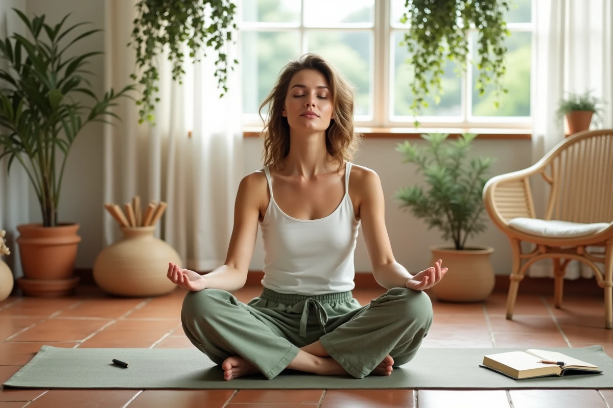 Femme en méditation sur un tapis de yoga dans une véranda lumineuse avec un journal ouvert, évoquant la pratique de la manifestation liée à l'heure miroir 21h21