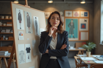 Femme confiante devant un moodboard de mode moderne