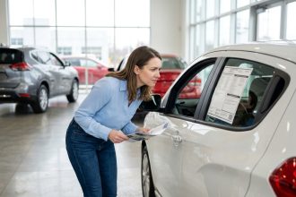 Femme examinant le prix d'une voiture neuve dans une concession automobile moderne en 2026